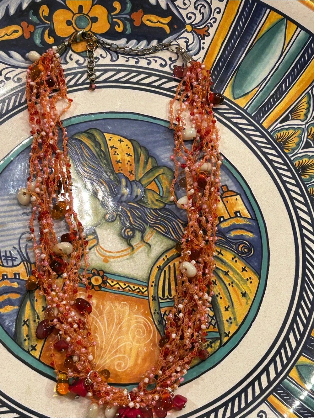 Vintage Necklace Red Branch Coral, Carnelian, glass Mermaid’s Tears woven thread